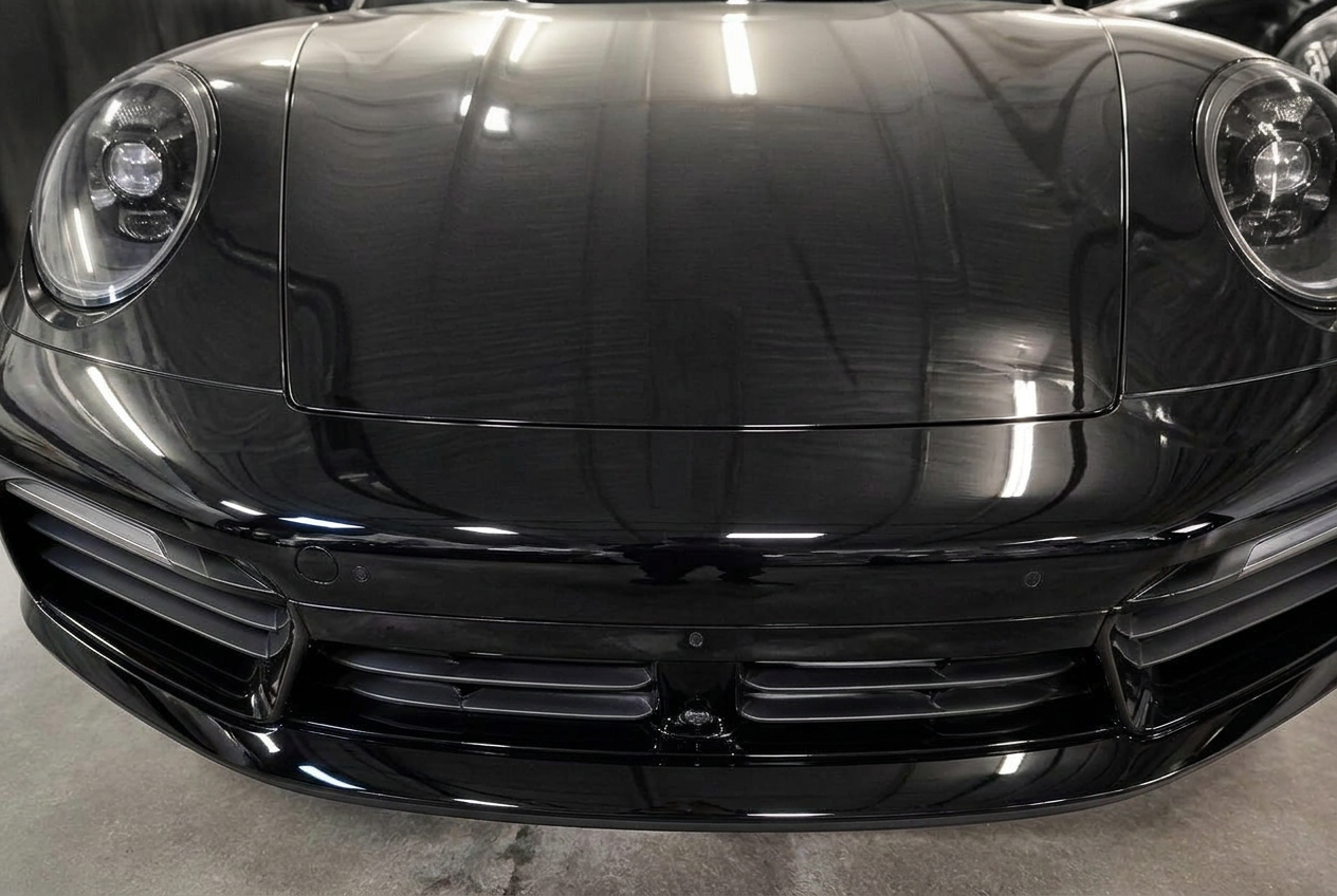 The same black Porsche 911 front end flawless under paint protection film