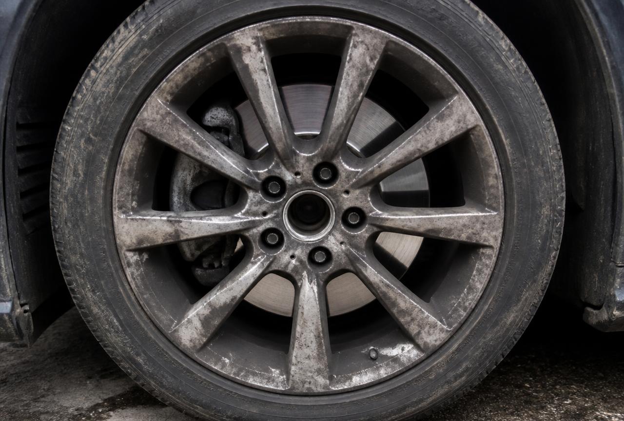 Silver ten-spoke alloy wheel caked in brake dust before cleaning