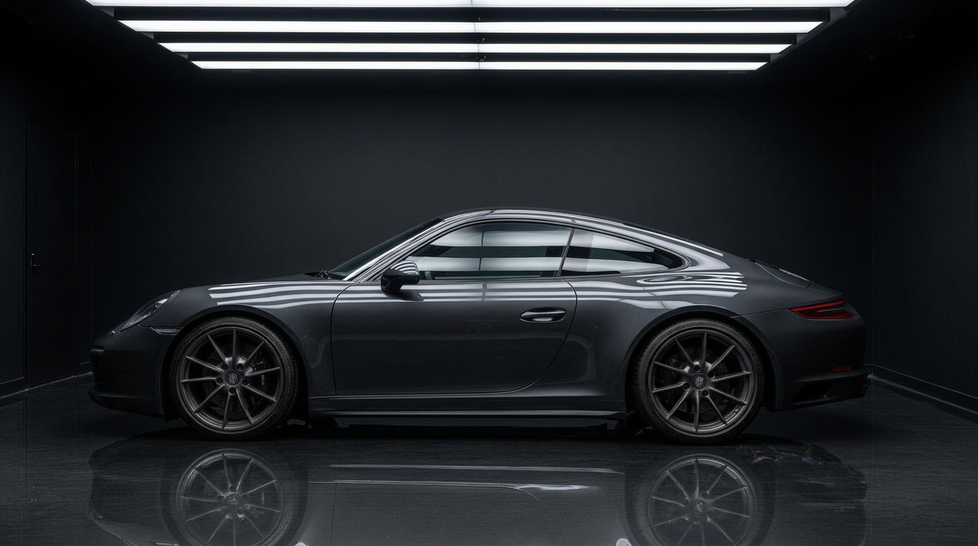 The same graphite grey Porsche 911 Carrera in deep gloss after ceramic coating