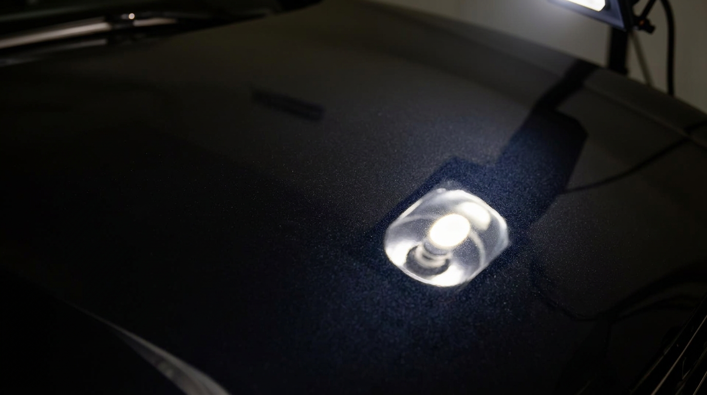 The same black metallic hood swirl-free under the same inspection light after correction