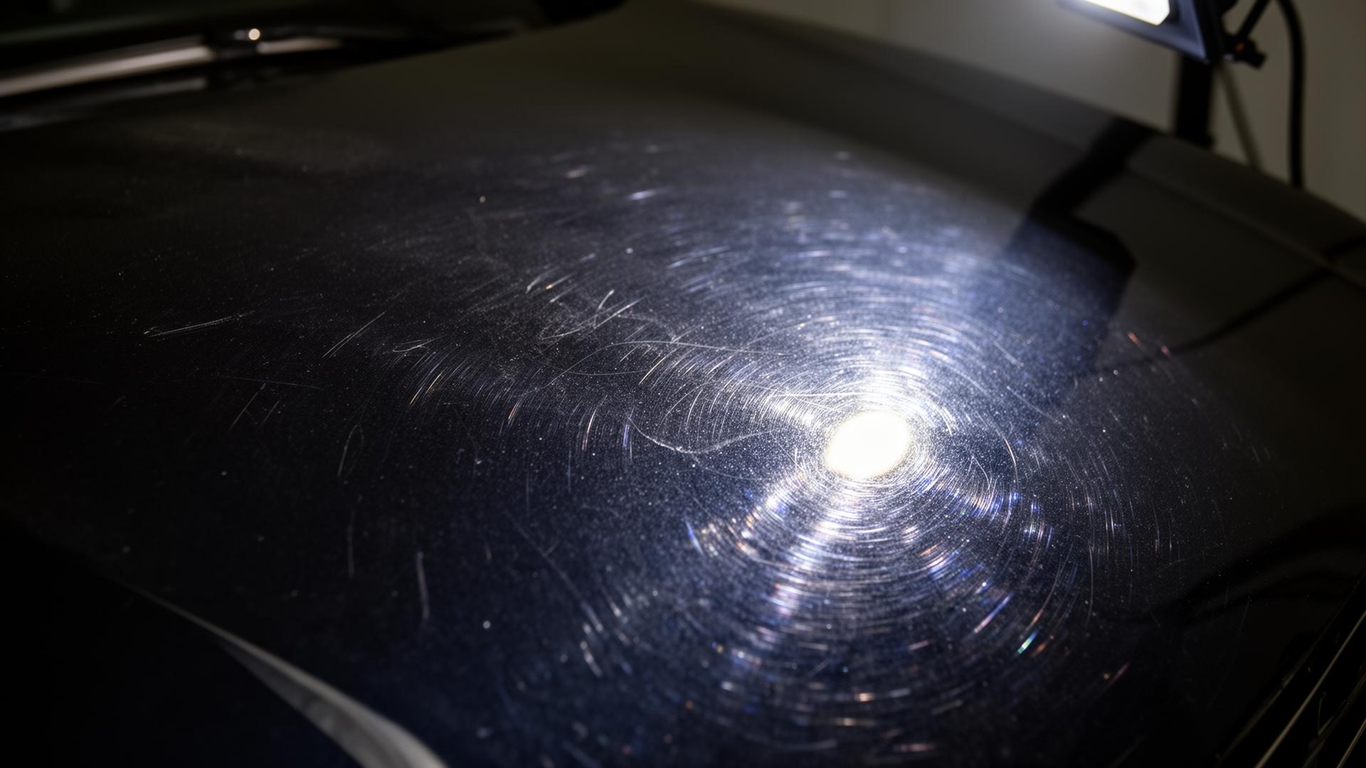 Black metallic hood showing swirl marks under inspection light before correction
