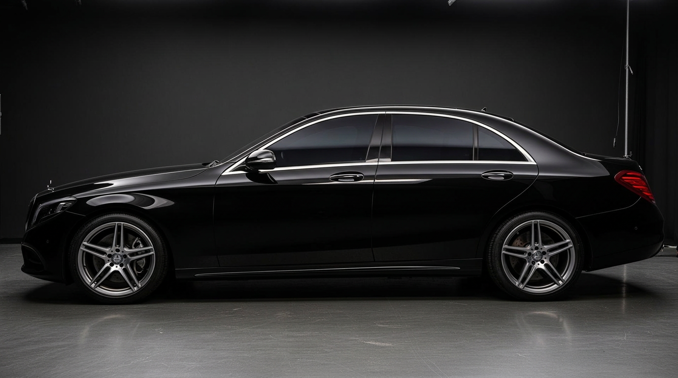 The same black Mercedes-Benz S-Class with even ceramic tint after installation