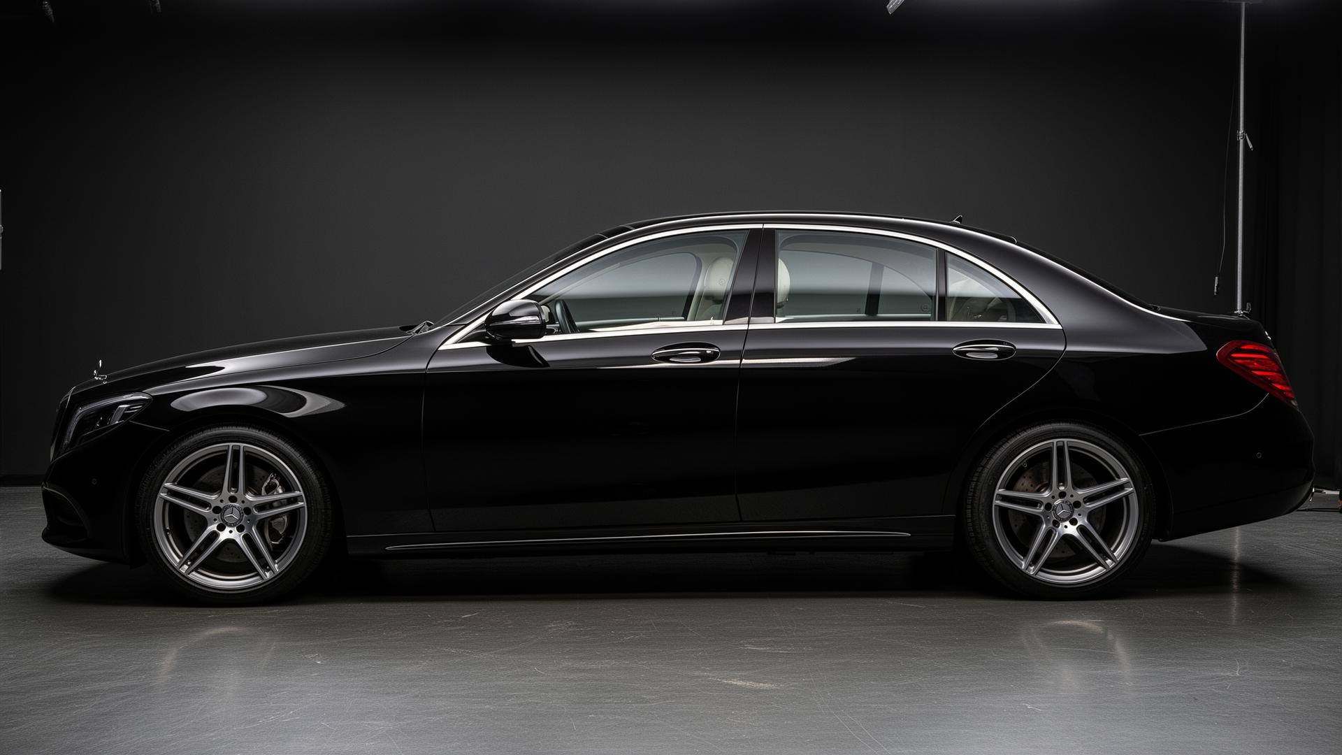 Black Mercedes-Benz S-Class with clear side glass before tint installation